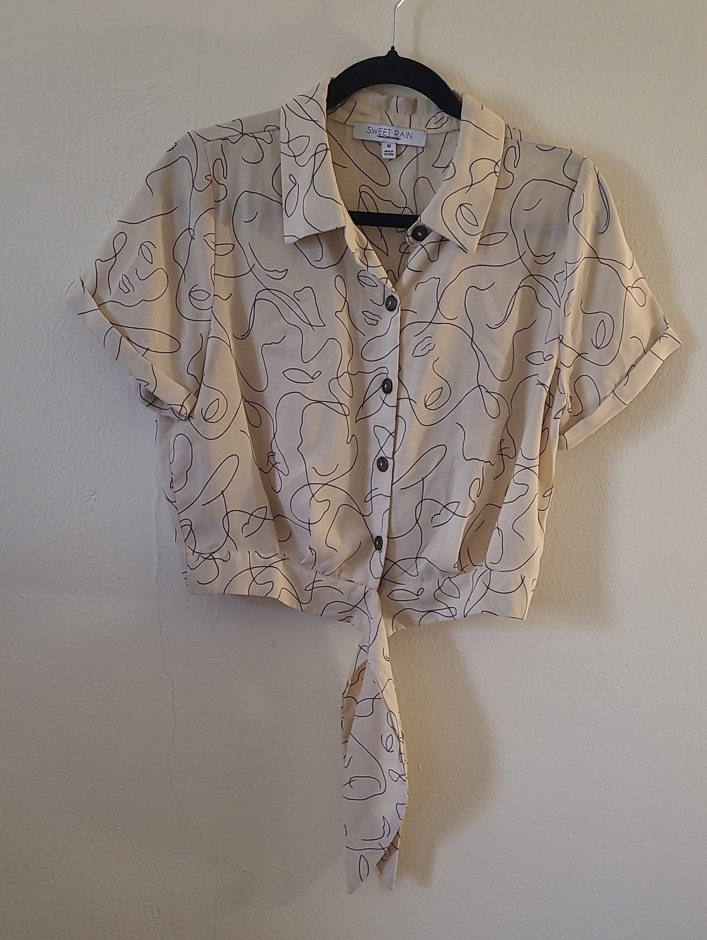 Sweet Rain Cream Beige Tie-Front Short Sleeve Button-Down Shirt